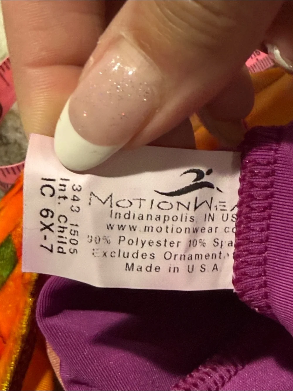 Motionwear Girls Orange Print & Purple Velvet Gymnastics Leotard Sz 6X 7 b77